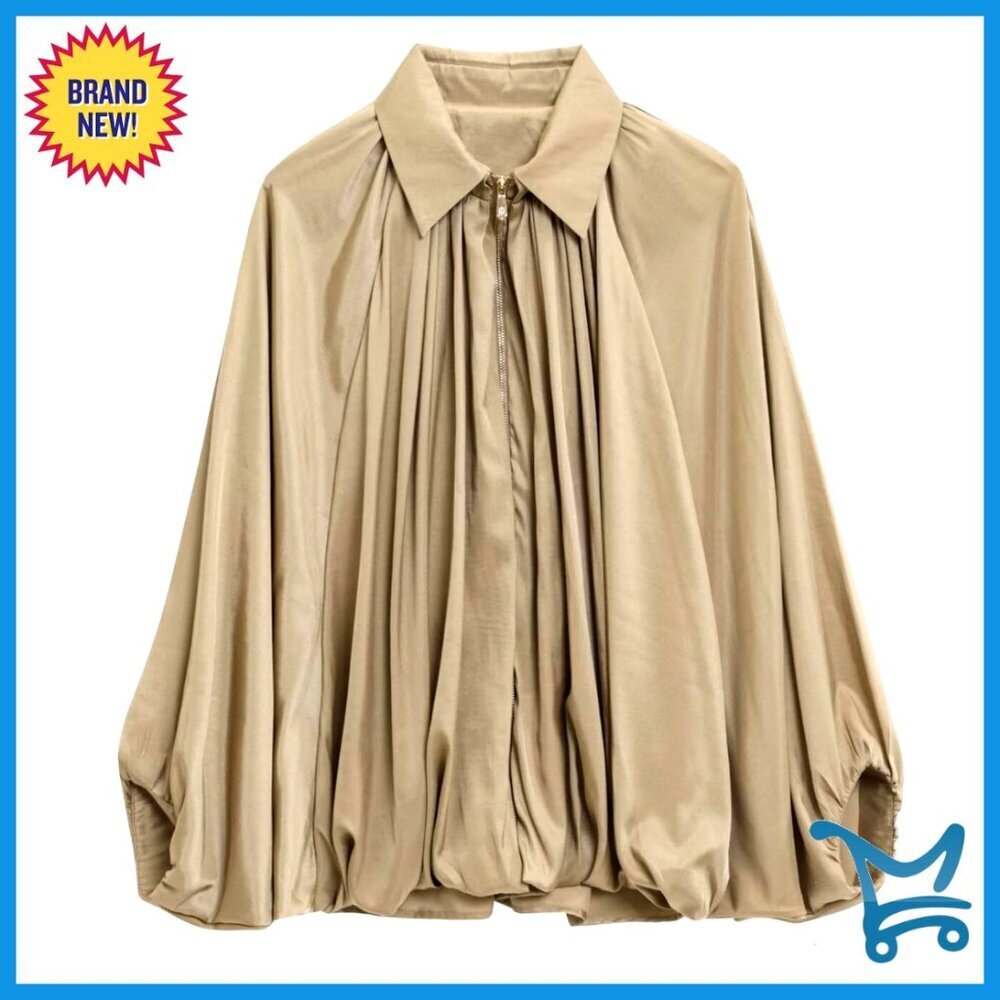 Oversized Puffed Bomber Jacket with Batwing Sleeves and Lapel Collar
